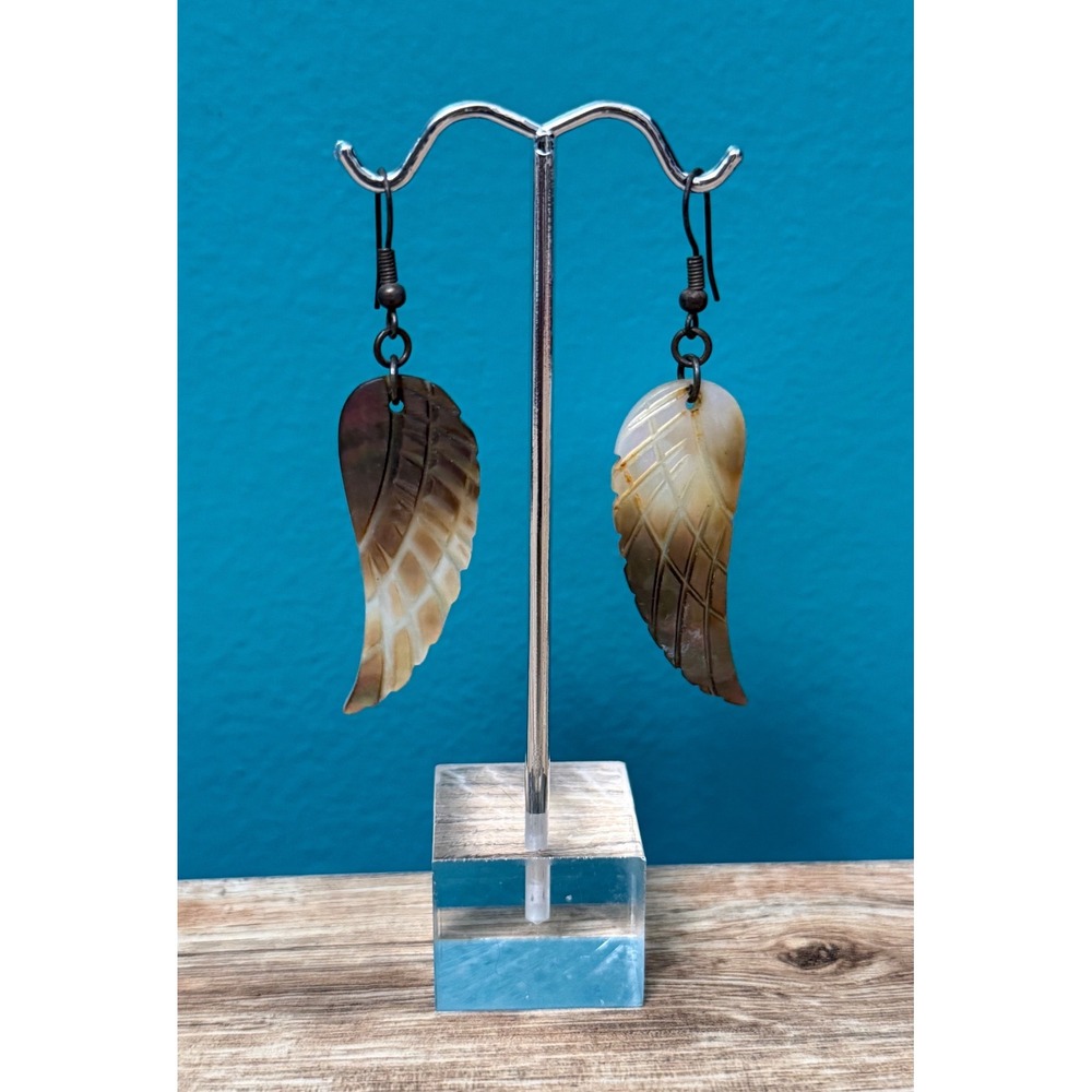 Carved Shell Angel Wing Earrings Brown Cream Ombre Boho Gothic Dangle Iridescent